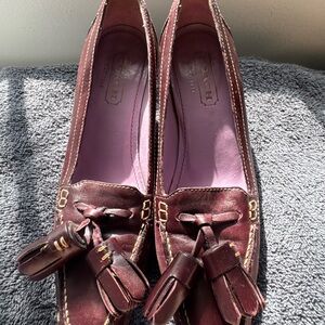 Coach Women's Burgundy Leather Tassel Loafers with Gold Accents